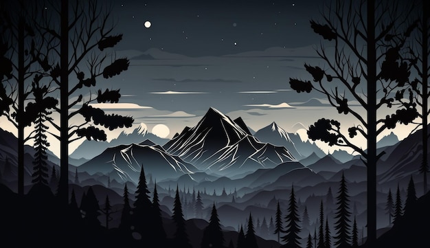 A mountain landscape with a moon in the background