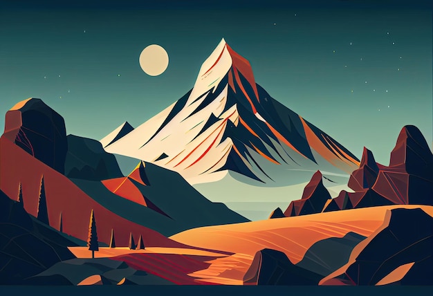 A mountain landscape with a moon in the background