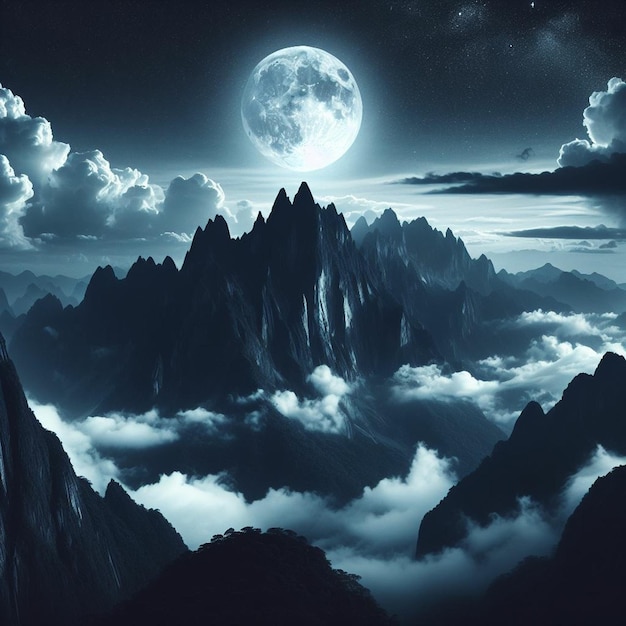 a mountain landscape with the moon in the sky