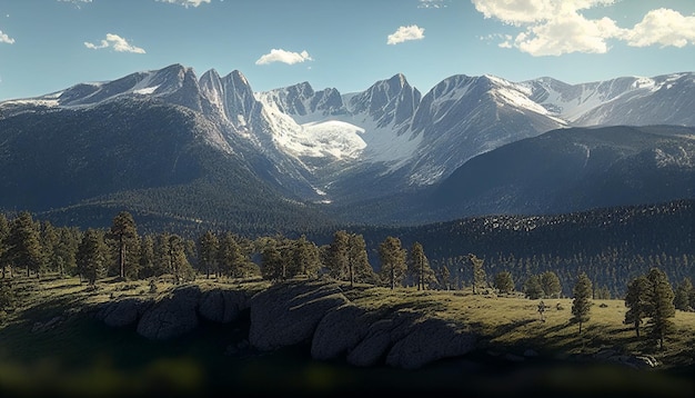 A mountain landscape with a mountain in the background and a forest in the foreground.