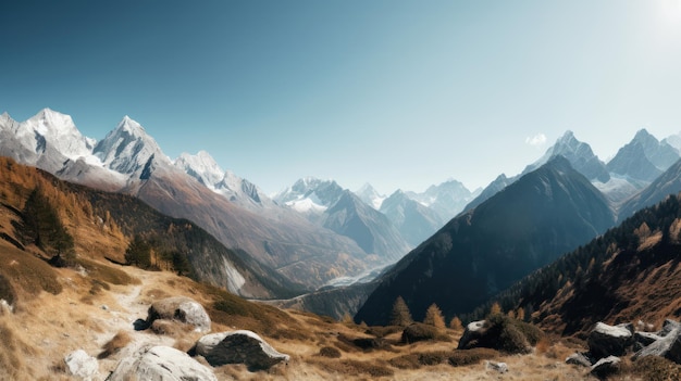 A mountain landscape with a mountain in the background