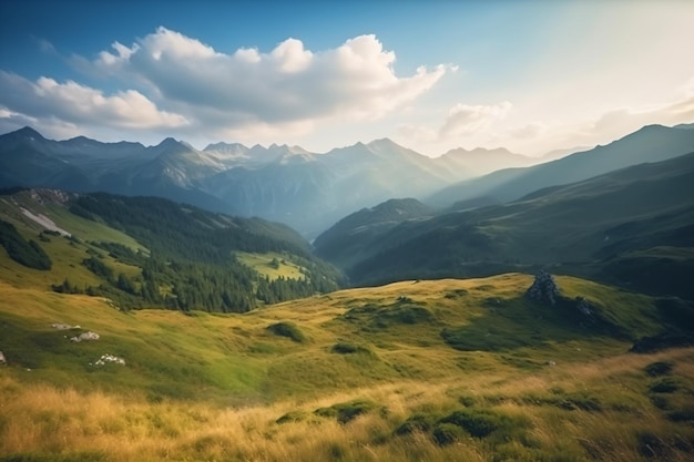 Photo a mountain landscape with a mountain landscape and a blue sky with clouds