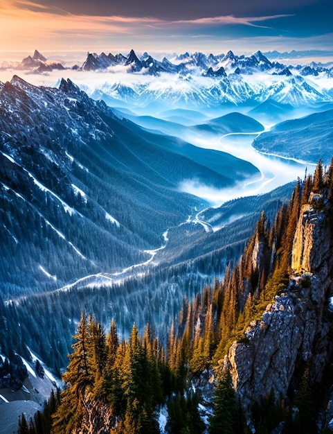 A mountain landscape with a mountain range in the background.