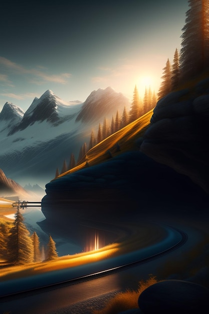 A mountain landscape with a mountain and a sunset