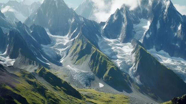 A mountain landscape with mountains and a glacier