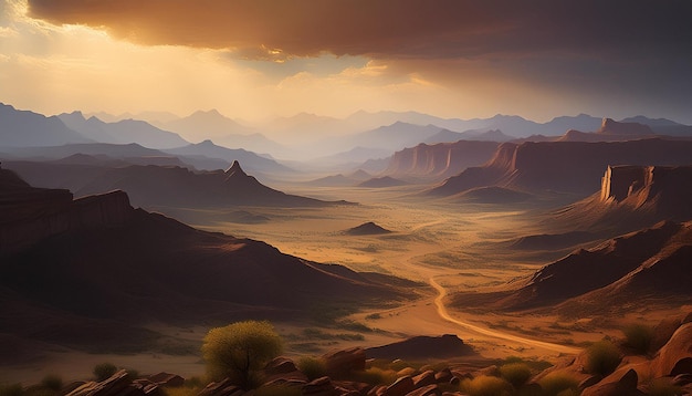 Photo a mountain landscape with mountains and a river in the background