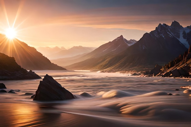 A mountain landscape with mountains and a sunset