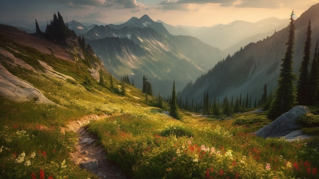 A mountain landscape with a path leading to the mountains.