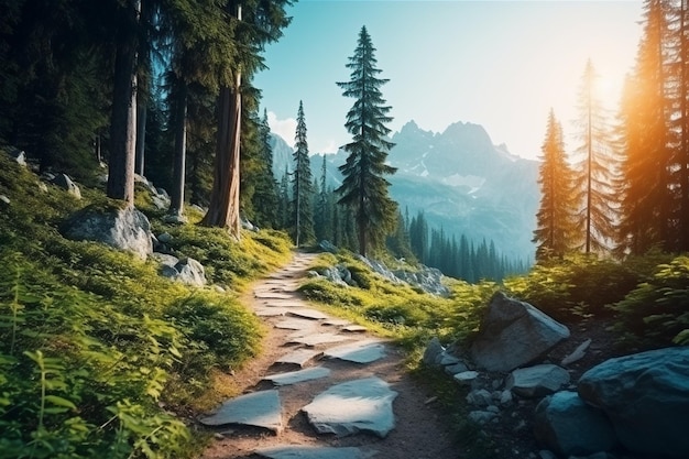 Mountain landscape with a path through the forest