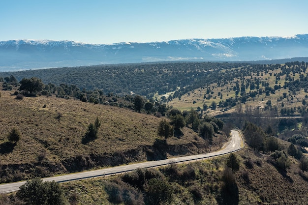 Mountain landscape with paved road heading into the mountains in the medieval village of Pedraza Segovia