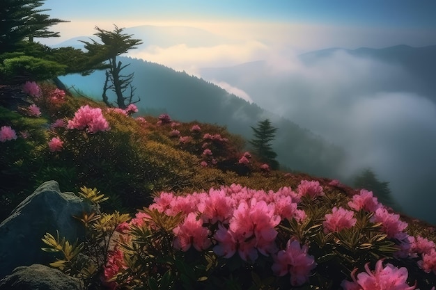 A mountain landscape with pink flowers and a mountain in the background