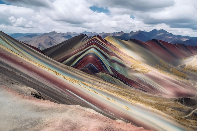 A mountain landscape with a rainbow colored mountain in the background.