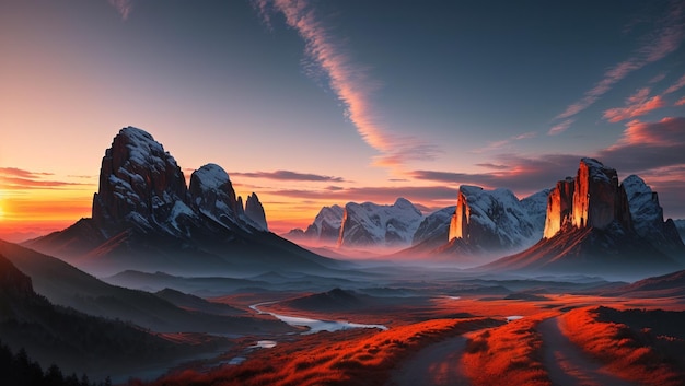 A mountain landscape with a red sky and a mountain in the background.