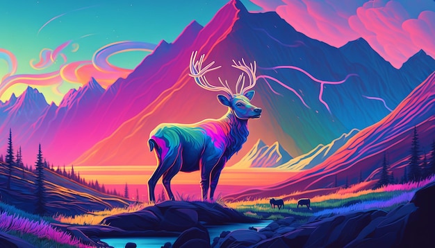 Mountain landscape with a reindeer in the foreground Digital painting Generative AI