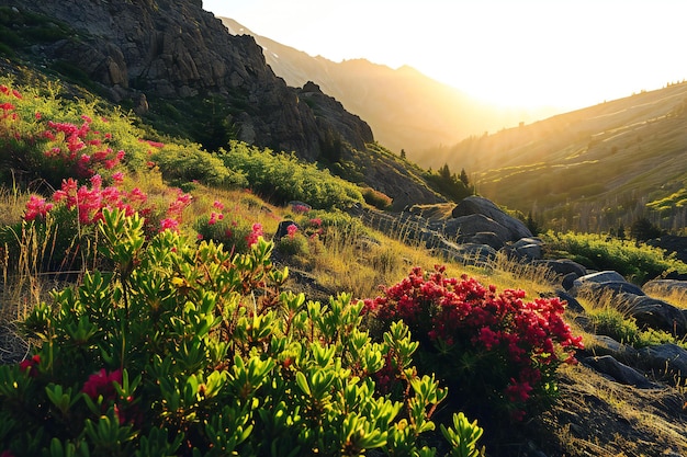 Mountain landscape with rhododendron flowers at sunset