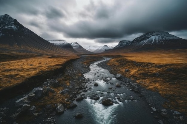 A mountain landscape with a river flowing through it