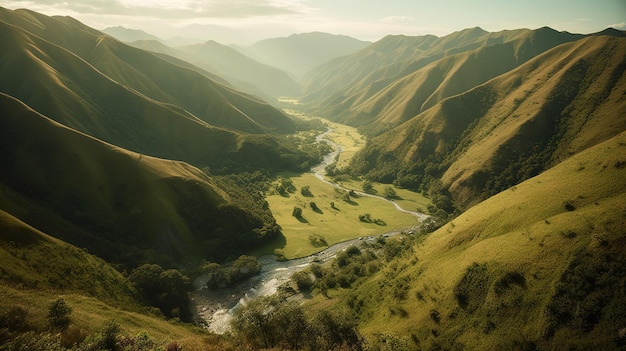 A mountain landscape with a river in the foreground and mountains in the background.