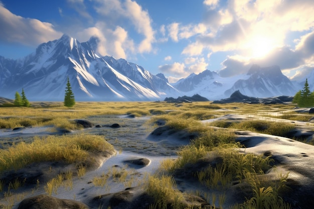 a mountain landscape with a river and a mountain in the background