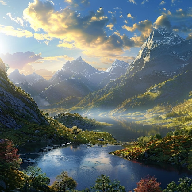 A mountain landscape with a river and mountains in the background