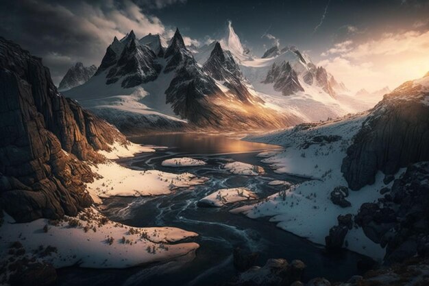 A mountain landscape with a river and mountains in the background