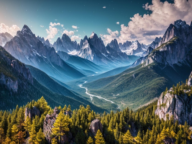 A mountain landscape with a river running through it