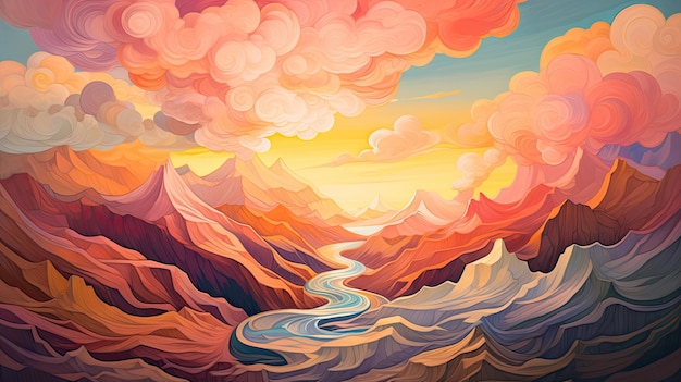 Mountain landscape with river and sunset Vector illustration