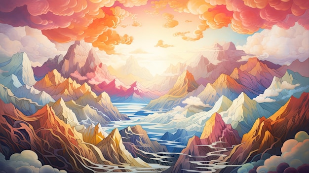 Mountain landscape with river and sunset Vector illustration