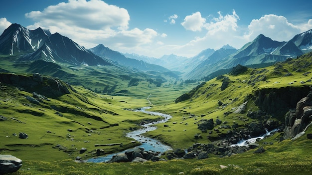 Mountain landscape with a river in the valley Panorama