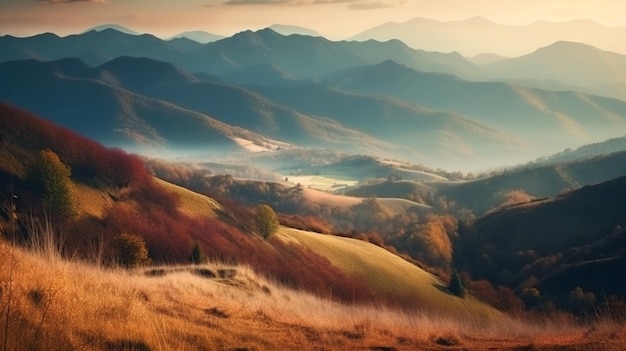 A mountain landscape with a road in the foreground and a foggy sky in the background.