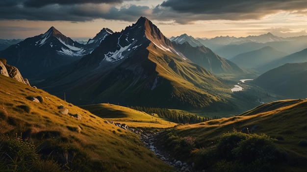 a mountain landscape with a road leading to the top