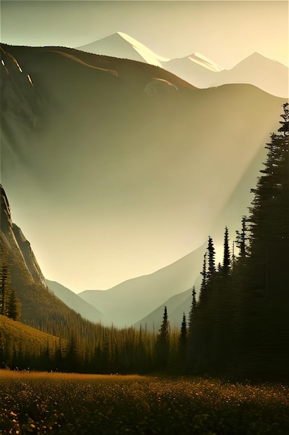 A mountain landscape with a road and trees in the foreground.