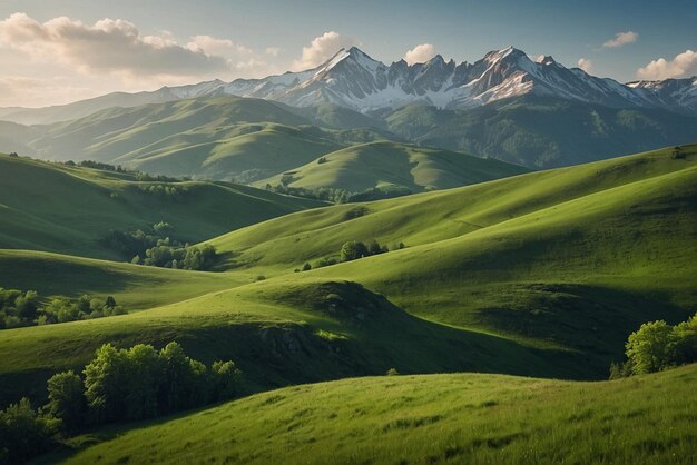 Photo a mountain landscape with rolling green hills