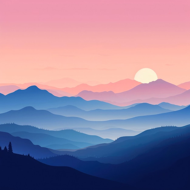 Mountain landscape with setting sun Nature landscape in purple colors