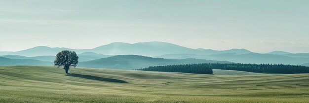 Photo mountain landscape with sky a serene scene of misty mountains green hills and a vibrant sky at su