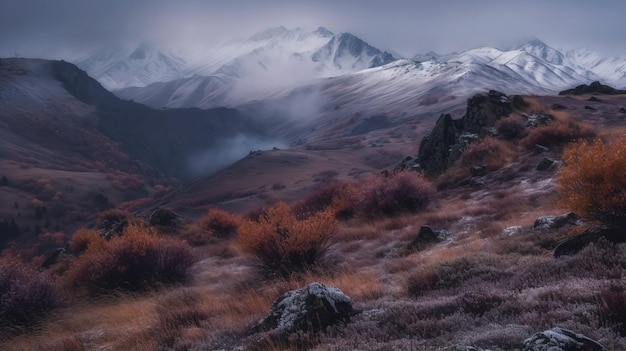 A mountain landscape with snow covered mountains in the background