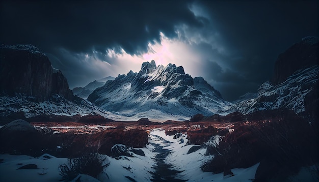 Mountain landscape with snow peaks and clouds generative AI