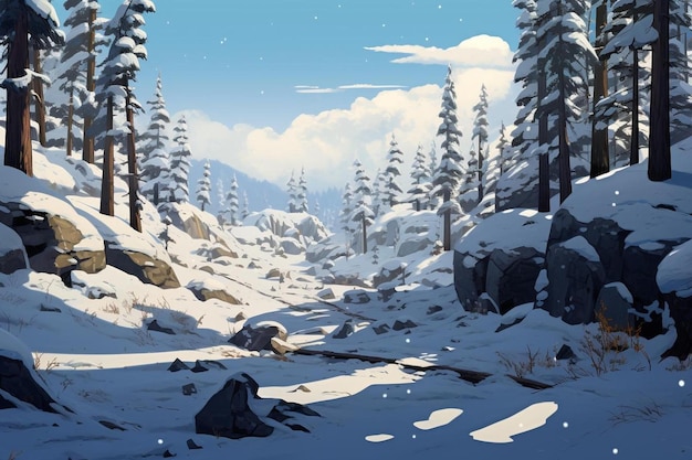 a mountain landscape with snow and trees and a blue sky.