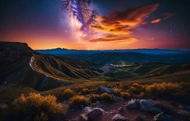 Photo a mountain landscape with a star that has a star - shaped cloud above it