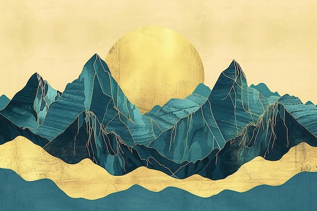 Mountain landscape with sun and clouds Handdrawn illustration