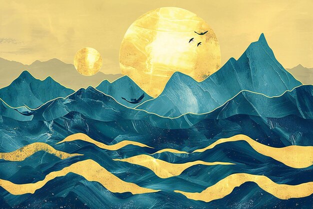 Mountain landscape with sun and moon Handdrawn illustration