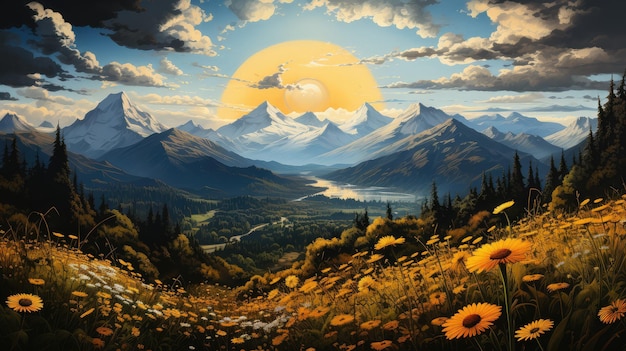 Mountain landscape with sun and wildflowers Digital painting