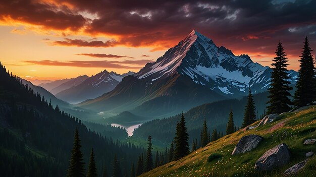 a mountain landscape with a sunset in the background