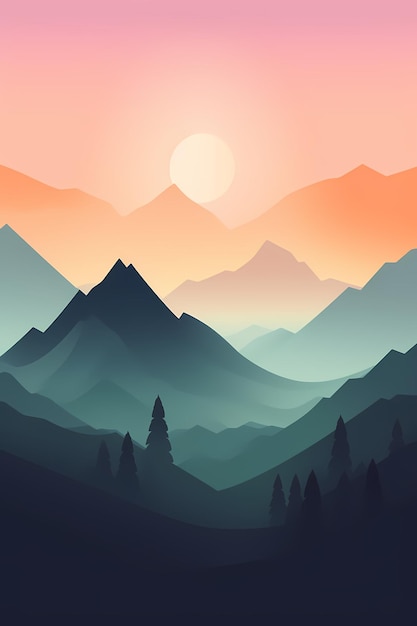 A mountain landscape with a sunset in the background.