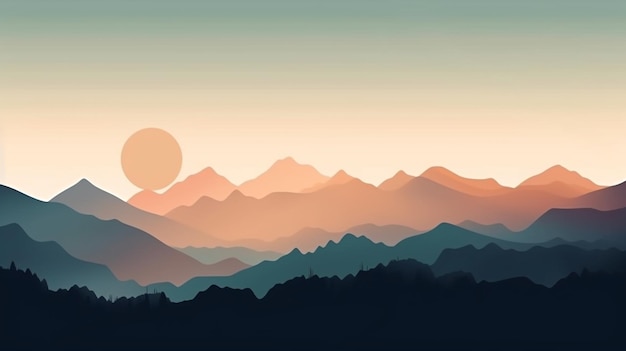 A mountain landscape with a sunset in the background.