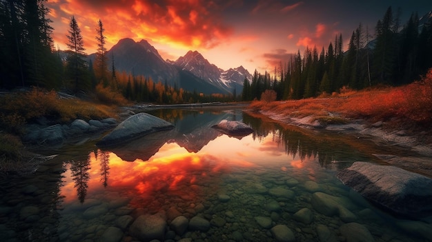 A mountain landscape with a sunset and a lake with mountains in the background