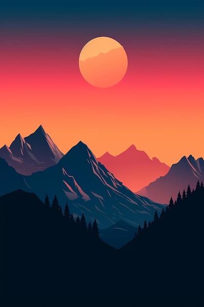 A mountain landscape with a sunset and the sun in the background.