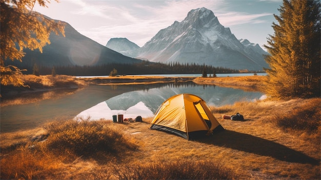 Mountain landscape with a tent in the middle of the lake