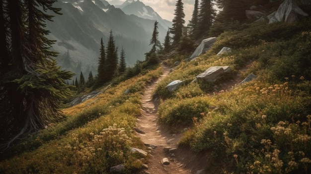 A mountain landscape with a trail leading to mountains and trees.