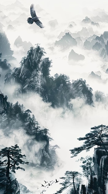 a mountain landscape with a tree in the middle of it