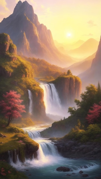 Mountain landscape with waterfalls against the backdrop of a high mountain in the morning during sunrise